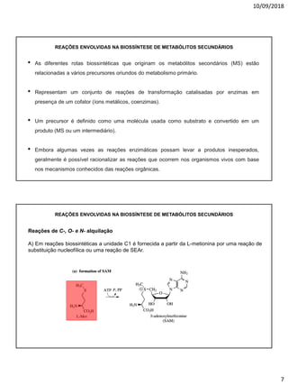 10/09/2018
7
• As diferentes rotas biossintéticas que originam os metabólitos secondários (MS) estão
relacionadas a vários precursores oriundos do metabolismo primário.
• Representam um conjunto de reações de transformação catalisadas por enzimas em
presença de um cofator (íons metálicos, coenzimas).
• Um precursor é definido como uma molécula usada como substrato e convertido em um
produto (MS ou um intermediário).
• Embora algumas vezes as reações enzimáticas possam levar a produtos inesperados,
geralmente é possível racionalizar as reações que ocorrem nos organismos vivos com base
nos mecanismos conhecidos das reações orgânicas.
REAÇÕES ENVOLVIDAS NA BIOSSÍNTESE DE METABÓLITOS SECUNDÁRIOS
REAÇÕES ENVOLVIDAS NA BIOSSÍNTESE DE METABÓLITOS SECUNDÁRIOS
Reações de C-, O- e N- alquilação
A) Em reações biossintéticas a unidade C1 é fornecida a partir da L-metionina por uma reação de
substituição nucleofílica ou uma reação de SEAr.
 