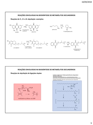 10/09/2018
9
Reações de C-, O- e N- alquilação: exemplos
REAÇÕES ENVOLVIDAS NA BIOSSÍNTESE DE METABÓLITOS SECUNDÁRIOS
Reações de alquilação de ligações duplas
REAÇÕES ENVOLVIDAS NA BIOSSÍNTESE DE METABÓLITOS SECUNDÁRIOS
 