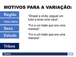 MOTIVOS PARA A VARIAÇÃO:
6
Região
Faixa etária
Sexo
Estudo
Tribos
“Dropei a onda, peguei um
tubo e levei uma vaca”.
“Fui a um baile que era uma
maresia”.
“Fui a um baile que era uma
maresia”.
 