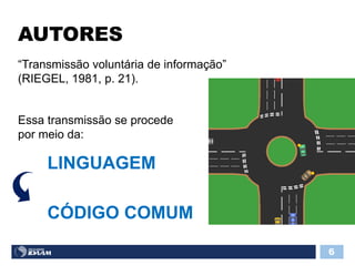AUTORES
6
“Transmissão voluntária de informação”
(RIEGEL, 1981, p. 21).
Essa transmissão se procede
por meio da:
LINGUAGEM
CÓDIGO COMUM
 