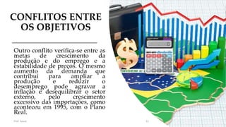 CONFLITOS ENTRE
OS OBJETIVOS
Outro conflito verifica-se entre as
metas de crescimento da
produção e do emprego e a
estabilidade de preços. O mesmo
aumento da demanda que
contribui para ampliar a
produção e reduzir o
desemprego pode agravar a
inflação e desequilibrar o setor
externo, pelo crescimento
excessivo das importações, como
aconteceu em 1995, com o Plano
Real.
Prof. Souza 22
 