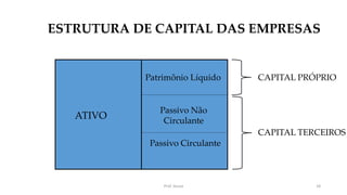 ESTRUTURA DE CAPITAL DAS EMPRESAS
Prof. Souza 18
ATIVO
Patrimônio Líquido
Passivo Não
Circulante
Passivo Circulante
CAPITAL PRÓPRIO
CAPITAL TERCEIROS
 