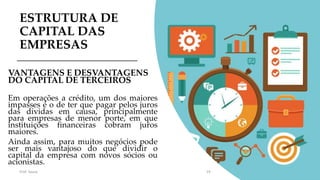 ESTRUTURA DE
CAPITAL DAS
EMPRESAS
VANTAGENS E DESVANTAGENS
DO CAPITAL DE TERCEIROS
Em operações a crédito, um dos maiores
impasses é o de ter que pagar pelos juros
das dívidas em causa, principalmente
para empresas de menor porte, em que
instituições financeiras cobram juros
maiores.
Ainda assim, para muitos negócios pode
ser mais vantajoso do que dividir o
capital da empresa com novos sócios ou
acionistas.
Prof. Souza 19
 