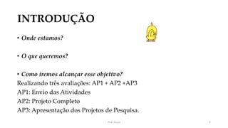 INTRODUÇÃO
• Onde estamos?
• O que queremos?
• Como iremos alcançar esse objetivo?
Realizando três avaliações: AP1 + AP2 +AP3
AP1: Envio das Atividades
AP2: Projeto Completo
AP3: Apresentação dos Projetos de Pesquisa.
Prof. Souza 3
 