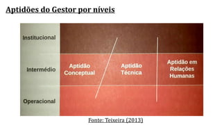 Aptidões do Gestor por níveis
Fonte: Teixeira (2013)
 