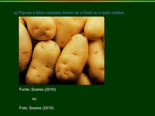 e) Figuras e fotos copiadas devem ter a fonte ou o autor citados
Fonte: Soares (2010)
ou
Foto: Soares (2010)
 