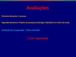 Avaliações
Primeiro bimestre: 2 provas
Segundo bimestre: Projeto de pesquisa (entregar individual no início da aula)
Avaliação de recuperação: “Todo conteúdo”
> 6,0 = Aprovado
 
