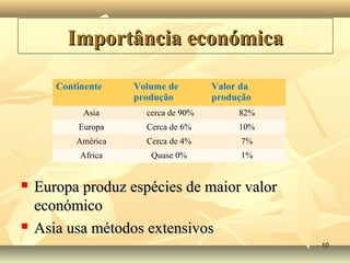 Importância económicaImportância económica
 Europa produz espécies de maior valorEuropa produz espécies de maior valor
económicoeconómico
 Asia usa métodos extensivosAsia usa métodos extensivos
Continente Volume de
produção
Valor da
produção
Asia cerca de 90% 82%
Europa Cerca de 6% 10%
América Cerca de 4% 7%
Africa Quase 0% 1%
1010
 