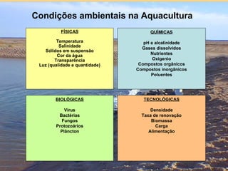 Condições ambientais na Aquacultura
FÍSICAS
Temperatura
Salinidade
Sólidos em suspensão
Cor da água
Transparência
Luz (qualidade e quantidade)
QUÍMICAS
pH e alcalinidade
Gases dissolvidos
Nutrientes
Oxigenio
Compostos orgânicos
Compostos inorgânicos
Poluentes
BIOLÓGICAS
Vírus
Bactérias
Fungos
Protozoários
Plâncton
TECNOLÓGICAS
Densidade
Taxa de renovação
Biomassa
Carga
Alimentação
 