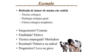 Exemplo
• Retirada de tumor de mama em cadela
– Técnica cirúrgica
– Patologia cirúrgica geral
– Clínica cirúrgica terapêutica
• Sangramento? Cruenta
• Finalidade? Eletiva
• Técnica empregada? Mutiladora
• Resultado? Paliativa ou radical
• Prognóstico? Leve ou grave
 