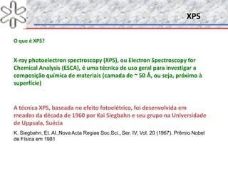 XPSXPS
O que é XPS?O que é XPS?
XX--ray photoelectron spectroscopy (XPS), ou Electron Spectroscopy forray photoelectron spectroscopy (XPS), ou Electron Spectroscopy for
Chemical Analysis (ESCA), é uma técnica de uso geral para investigar aChemical Analysis (ESCA), é uma técnica de uso geral para investigar a
composição química de materiais (camada de ~ 50composição química de materiais (camada de ~ 50 Å, ou seja, próximo àÅ, ou seja, próximo à
superfície)superfície)
A técnica XPS, baseada no efeito fotoelétrico, foi desenvolvida emA técnica XPS, baseada no efeito fotoelétrico, foi desenvolvida em
meados da década de 1960 por Kai Siegbahn e seu grupo na Universidademeados da década de 1960 por Kai Siegbahn e seu grupo na Universidade
de Uppsala, Suéciade Uppsala, Suécia
K. Siegbahn, Et. Al.,Nova Acta Regiae Soc.Sci., Ser. IV, Vol. 20 (1967). Prêmio Nobel
de Física em 1981
 