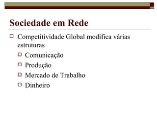 Sociedade em Rede Competitividade Global modifica várias estruturas Comunicação Produção Mercado de Trabalho Dinheiro 