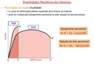 Propriedades Mecânicas dos Materiais
• Propriedades de tração: Ductilidade
 é o grau de deformação plástica suportado até a fratura do material;
 pode ser medida pelo alongamento percentual ou pela redução de área percentual.
tensão
deformação
frágil
dúctil
Alongamento percentual:
AL % = [(lf – l0)/l0]/x100
Redução de área percentual
RA % = [(A0 – Af)/A0]/x100
 