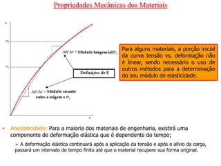 Propriedades Mecânicas dos Materiais
• Aneslaticidade: Para a maioria dos materiais de engenharia, existirá uma
componente de deformação elástica que é dependente do tempo;
 A deformação elástica continuará após a aplicação da tensão e após o alívio da carga,
passará um intervalo de tempo finito até que o material recupere sua forma original.
Para alguns materiais, a porção inicial
da curva tensão vs. deformação não
é linear, sendo necessário o uso de
outros métodos para a determinação
do seu módulo de elasticidade.
 