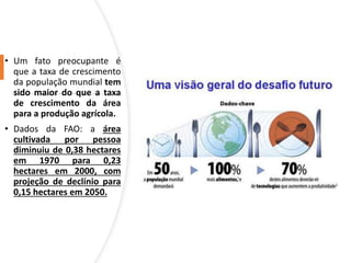 • Um fato preocupante é
que a taxa de crescimento
da população mundial tem
sido maior do que a taxa
de crescimento da área
para a produção agrícola.
• Dados da FAO: a área
cultivada por pessoa
diminuiu de 0,38 hectares
em 1970 para 0,23
hectares em 2000, com
projeção de declínio para
0,15 hectares em 2050.
 