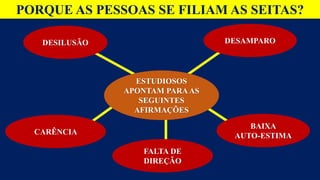 PORQUE AS PESSOAS SE FILIAM AS SEITAS?
DESILUSÃO DESAMPARO
CARÊNCIA
ESTUDIOSOS
APONTAM PARAAS
SEGUINTES
AFIRMAÇÕES
BAIXA
AUTO-ESTIMA
FALTA DE
DIREÇÃO
 