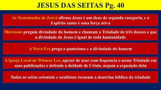 JESUS DAS SEITAS Pg. 40
As Testemunha de Jeová afirma Jesus é um deus de segunda categoria, e o
Espirito santo é uma força ativa
Mórmons pregam divindade do homem e chamam a Trindade de três deuses e que
a divindade de Jesus é igual de toda humanidade
A Nova Era prega o panteísmo e a divindade do homem
A Igreja Local de Witness Lee, apesar de usar com fequencia o nome Trindade em
suas publicações e defende a deidade de Cristo, negam a exposição dela
Todas as seitas orientais e ocultistas recusam a doutrina bíblica da trindade
 