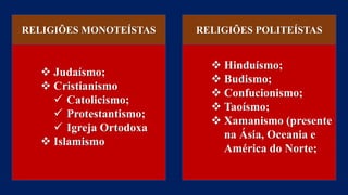 RELIGIÕES MONOTEÍSTAS RELIGIÕES POLITEÍSTAS
 Judaísmo;
 Cristianismo
 Catolicismo;
 Protestantismo;
 Igreja Ortodoxa
 Islamismo
 Hinduísmo;
 Budismo;
 Confucionismo;
 Taoísmo;
 Xamanismo (presente
na Ásia, Oceania e
América do Norte;
 