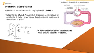 Membrana alvéolo-capilar
• O2 e CO2 se movem entre o ar e o sangue por DIFUSÃO SIMPLES.
• Lei de Fick (da difusão): “A quantidade de gás que se move através de
uma lâmina de tecido é proporcional à área dessa lâmina, mas inversa à
sua espessura”. (1ª Lei)
• A membrana alvéolo-capilar é extremamente
fina e tem uma área entre 50 a 100 m2.
 