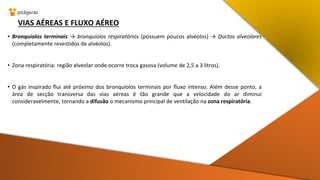 VIAS AÉREAS E FLUXO AÉREO
• Bronquíolos terminais → bronquíolos respiratórios (possuem poucos alvéolos) → Ductos alveolares
(completamente revestidos de alvéolos).
• Zona respiratória: região alveolar onde ocorre troca gasosa (volume de 2,5 a 3 litros).
• O gás inspirado flui até próximo dos bronquíolos terminais por fluxo intenso. Além desse ponto, a
área de secção transversa das vias aéreas é tão grande que a velocidade do ar diminui
consideravelmente, tornando a difusão o mecanismo principal de ventilação na zona respiratória.
 