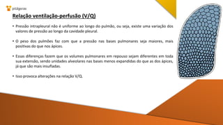 Relação ventilação-perfusão (V/Q)
• Pressão intrapleural não é uniforme ao longo do pulmão, ou seja, existe uma variação dos
valores de pressão ao longo da cavidade pleural.
• O peso dos pulmões faz com que a pressão nas bases pulmonares seja maiores, mais
positivas do que nos ápices.
• Essas diferenças fazem que os volumes pulmonares em repouso sejam diferentes em toda
sua extensão, sendo unidades alveolares nas bases menos expandidas do que as dos ápices,
já que são mais insufladas.
• Isso provoca alterações na relação V/Q.
 