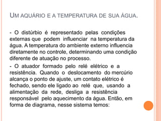 UM AQUÁRIO E A TEMPERATURA DE SUA ÁGUA.
- O distúrbio é representado pelas condições
externas que podem influenciar na temperatura da
água. A temperatura do ambiente externo influencia
diretamente no controle, determinando uma condição
diferente de atuação no processo.
- O atuador formado pelo relé elétrico e a
resistência. Quando o deslocamento do mercúrio
alcança o ponto de ajuste, um contato elétrico é
fechado, sendo ele ligado ao relé que, usando a
alimentação da rede, desliga a resistência
responsável pelo aquecimento da água. Então, em
forma de diagrama, nesse sistema temos:
 