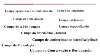 Campo especializado de conhecimento
Campo do Patrimônio Cultural
Campo da Linguística
Campo de conhecimento interdisciplinar
Campo da Conservação e Restauração
Campo patrimonial
Campo especializado
Campo da Terminologia
Campo de saúde humana
Campo da Museologia
 