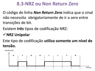8.3-NRZ ou Non Return Zero
O código de linha Non Return Zero indica que o sinal
não necessita obrigatoriamente de ir a zero entre
transições de bit.
Existem três tipos de codificação NRZ:
NRZ Unipolar
Este tipo de codificação utiliza somente um nível de
tensão.
 