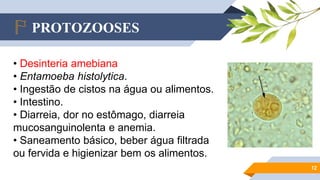 PROTOZOOSES
12
• Desinteria amebiana
• Entamoeba histolytica.
• Ingestão de cistos na água ou alimentos.
• Intestino.
• Diarreia, dor no estômago, diarreia
mucosanguinolenta e anemia.
• Saneamento básico, beber água filtrada
ou fervida e higienizar bem os alimentos.
 