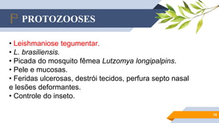 PROTOZOOSES
14
• Leishmaniose tegumentar.
• L. brasiliensis.
• Picada do mosquito fêmea Lutzomya longipalpins.
• Pele e mucosas.
• Feridas ulcerosas, destrói tecidos, perfura septo nasal
e lesões deformantes.
• Controle do inseto.
 