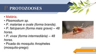 PROTOZOOSES
21
• Malária.
• Plasmodium sp.
• P. malariae e ovale (forma branda).
• P. falciparum (forma mais grave) – 48
horas.
• P. vivax (forma intermediária) – 48
horas.
• Picada do mosquito Anopheles
(mosquito-prego)
 