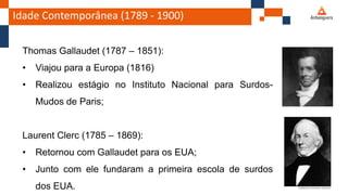 Idade Contemporânea (1789 - 1900)
Thomas Gallaudet (1787 – 1851):
• Viajou para a Europa (1816)
• Realizou estágio no Instituto Nacional para Surdos-
Mudos de Paris;
Laurent Clerc (1785 – 1869):
• Retornou com Gallaudet para os EUA;
• Junto com ele fundaram a primeira escola de surdos
dos EUA.
 