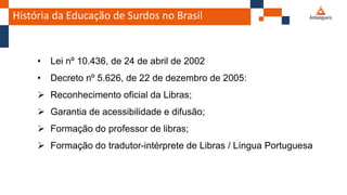História da Educação de Surdos no Brasil
• Lei nº 10.436, de 24 de abril de 2002
• Decreto nº 5.626, de 22 de dezembro de 2005:
 Reconhecimento oficial da Libras;
 Garantia de acessibilidade e difusão;
 Formação do professor de libras;
 Formação do tradutor-intérprete de Libras / Língua Portuguesa
 