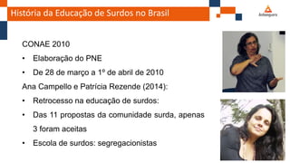 História da Educação de Surdos no Brasil
CONAE 2010
• Elaboração do PNE
• De 28 de março a 1º de abril de 2010
Ana Campello e Patrícia Rezende (2014):
• Retrocesso na educação de surdos:
• Das 11 propostas da comunidade surda, apenas
3 foram aceitas
• Escola de surdos: segregacionistas
 