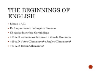  Século 3 A.D.
 Enfraquecimento do Império Romano
 Chegada das tribos Germânicas
 410 A.D. os romanos deixaram a ilha da Bretanha
 449 A.D. Jutes (Dinamarca) e Anglos (Dinamarca)
 477 A.D. Saxon (Alemanha)
 