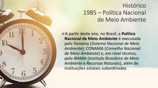 Histórico
1985 – Política Nacional
de Meio Ambiente
A partir deste ano, no Brasil, a Política
Nacional de Meio Ambiente é executada
pelo Sisnama (Sistema Nacional de Meio
Ambiente); CONAMA (Conselho Nacional
de Meio Ambiente) e, em nível técnico,
pelo IBAMA (Instituto Brasileiro de Meio
Ambiente e Recursos Naturais), além de
instituições estatais subordinadas
 