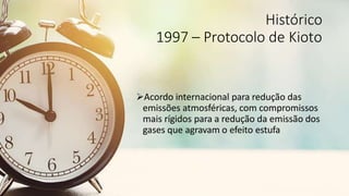 Histórico
1997 – Protocolo de Kioto
Acordo internacional para redução das
emissões atmosféricas, com compromissos
mais rígidos para a redução da emissão dos
gases que agravam o efeito estufa
 