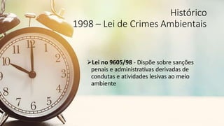 Histórico
1998 – Lei de Crimes Ambientais
Lei no 9605/98 - Dispõe sobre sanções
penais e administrativas derivadas de
condutas e atividades lesivas ao meio
ambiente
 