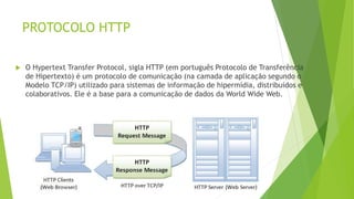 PROTOCOLO HTTP
 O Hypertext Transfer Protocol, sigla HTTP (em português Protocolo de Transferência
de Hipertexto) é um protocolo de comunicação (na camada de aplicação segundo o
Modelo TCP/IP) utilizado para sistemas de informação de hipermídia, distribuídos e
colaborativos. Ele é a base para a comunicação de dados da World Wide Web.
 