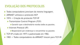 EVOLUÇÃO DOS PROTOCOLOS
 Todos computadores precisam da mesma linguagem.
 ARPANET utilizava o protocolo NCP
 1974 -> Criação do protocolo TCP/IP
 Transmission Control Program (TCP)
Garantir que o destinatário receba todos os pacotes.
 Internet Protocol (IP)
Responsável por endereçar e encaminhar os pacotes
 TCP/IP criado em 1977 e padronizado em 1982.
 1983 -> Todos computadores da ARPANET trocam para TCP/IP.
 