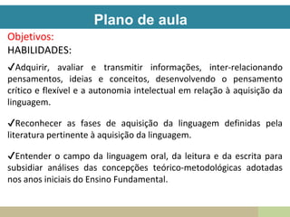 Plano de aula
Objetivos:
HABILIDADES:
✔Adquirir, avaliar e transmitir informações, inter-relacionando
pensamentos, ideias e conceitos, desenvolvendo o pensamento
crítico e flexível e a autonomia intelectual em relação à aquisição da
linguagem.
✔Reconhecer as fases de aquisição da linguagem definidas pela
literatura pertinente à aquisição da linguagem.
✔Entender o campo da linguagem oral, da leitura e da escrita para
subsidiar análises das concepções teórico-metodológicas adotadas
nos anos iniciais do Ensino Fundamental.
 