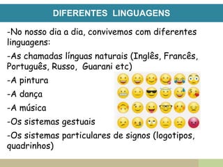 DIFERENTES LINGUAGENS
-No nosso dia a dia, convivemos com diferentes
linguagens:
-As chamadas línguas naturais (Inglês, Francês,
Português, Russo, Guarani etc)
-A pintura
-A dança
-A música
-Os sistemas gestuais
-Os sistemas particulares de signos (logotipos,
quadrinhos)
 