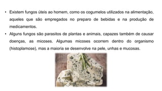 • Existem fungos úteis ao homem, como os cogumelos utilizados na alimentação,
aqueles que são empregados no preparo de bebidas e na produção de
medicamentos.
• Alguns fungos são parasitos de plantas e animais, capazes também de causar
doenças, as micoses. Algumas micoses ocorrem dentro do organismo
(histoplamose), mas a maioria se desenvolve na pele, unhas e mucosas.
 
