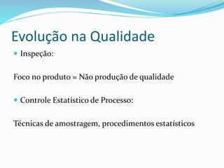 Evolução na Qualidade
 Inspeção:
Foco no produto = Não produção de qualidade
 Controle Estatístico de Processo:
Técnicas de amostragem, procedimentos estatísticos
 