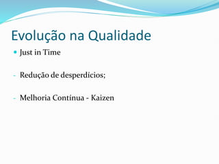 Evolução na Qualidade
 Just in Time
- Redução de desperdícios;
- Melhoria Contínua - Kaizen
 