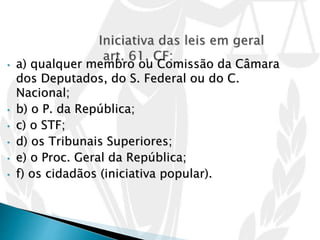 • a) qualquer membro ou Comissão da Câmara
dos Deputados, do S. Federal ou do C.
Nacional;
• b) o P. da República;
• c) o STF;
• d) os Tribunais Superiores;
• e) o Proc. Geral da República;
• f) os cidadãos (iniciativa popular).
 