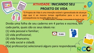 “O Projeto de Vida é uma intenção estável e generalizada de alcançar
algo que é ao mesmo tempo significativo para o eu e gera
consequências no mundo além do eu”.
Dr. Willian Damon | Psicólogo | Universidade de Stanford, EUA
Divida uma folha de seu caderno em 4 partes e escreva, em
cada parte, quais são os seus ideais na:
(1) vida pessoal e familiar;
(2) vida profissional;
(3) vida financeira;
(4) vida social e cidadã.
O(a) professor(a) selecionará alguns para responderem.
5 min
ATIVIDADE: INICIANDO SEU
PROJETO DE VIDA
 