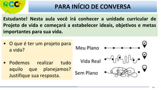 PARA INÍCIO DE CONVERSA
Meu Plano
Vida Real
Sem Plano
• O que é ter um projeto para
a vida?
• Podemos realizar tudo
aquilo que planejamos?
Justifique sua resposta.
Estudante! Nesta aula você irá conhecer a unidade curricular de
Projeto de vida e começará a estabelecer ideais, objetivos e metas
importantes para sua vida.
 