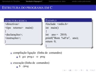 Apresentação da Disciplina Introdução à linguagem C Armazenamento de dados entrada e saidas padronizadas
ESTRUTURA DO PROGRAMA EM C
ESTRUTURA BÁSICA
<directivas>
<tipo retorno> main()
{
<declarações>;
<instruções>;
}
EXEMPLO
#include <stdio.h>
int main()
{
int ano = 2010;
printf("Bom %d!n", ano);
return 0;
}
compilação ligação (linha de comandos)
$ gcc prog.c -o prog
execução (linha de comandos)
$ ./prog
 
