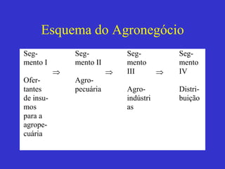 Esquema do Agronegócio
Seg-
mento I
Ofer-
tantes
de insu-
mos
para a
agrope-
cuária

Seg-
mento II
Agro-
pecuária

Seg-
mento
III
Agro-
indústri
as

Seg-
mento
IV
Distri-
buição
 